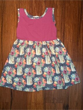 Girls Sleeveless Floral Mason Jar Dress - Magenta Bodice, Blue Floral Skirt